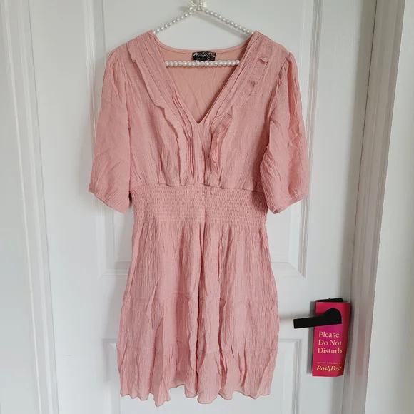 *Host Pick* Coral Peach V-Neck Balloon Sleeve Casual Mini Dress Sz Petite XL - Picture 3 of 10
